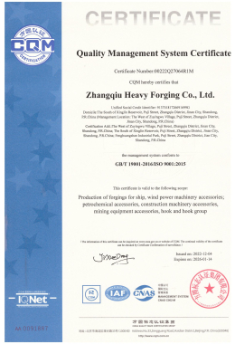 Certificato di certificazione del sistema di gestione della qualità ISO90012015